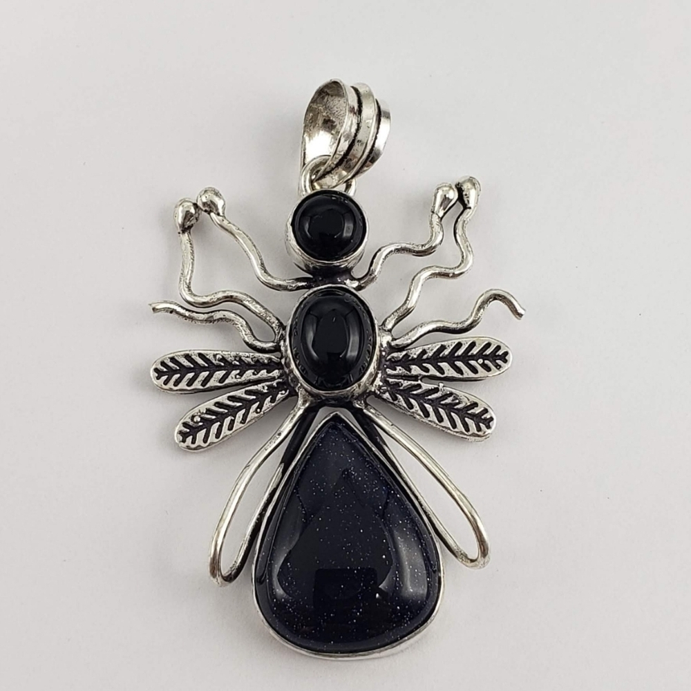 Sterling Silver Big Black Flying Bug - Cabochon .925 Whimsical Fun Statement